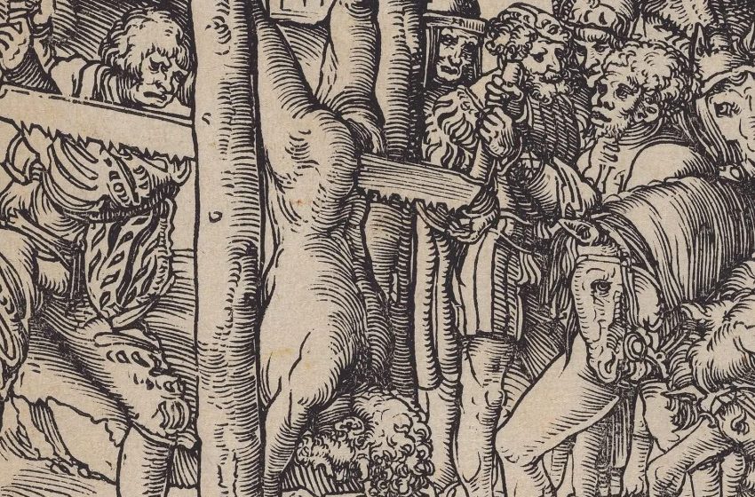 Trupi i përmbysur i Shën Simonit, martirizimi si dëshmi dhe figurë etike në gravurën e Lucas Cranach (1512)