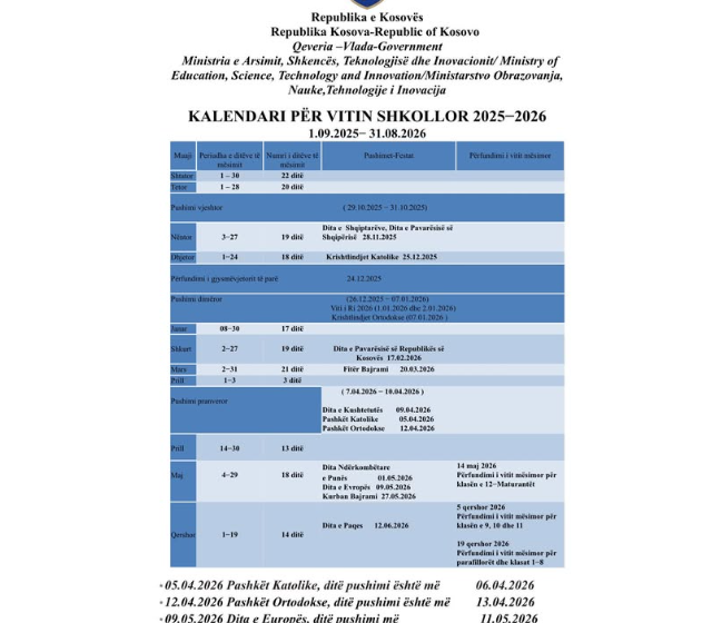  Ja kur jane festat dhe  pushimet sipas kalendarit te vitit shkollor