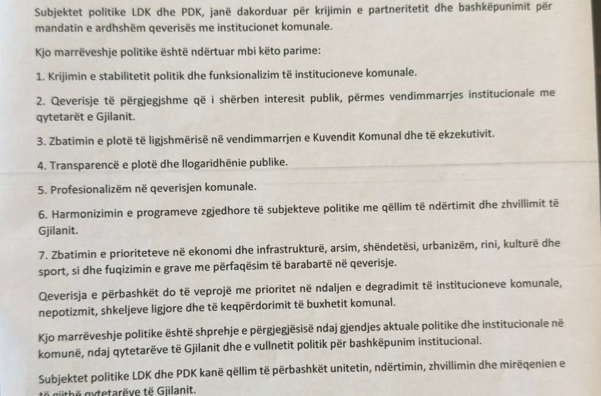  Gjilan: LDK dhe PDK arrijnë marrëveshje politike